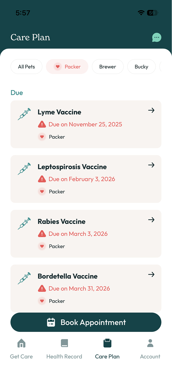 Sploot app Care Plan: Packer's vaccines list with due dates