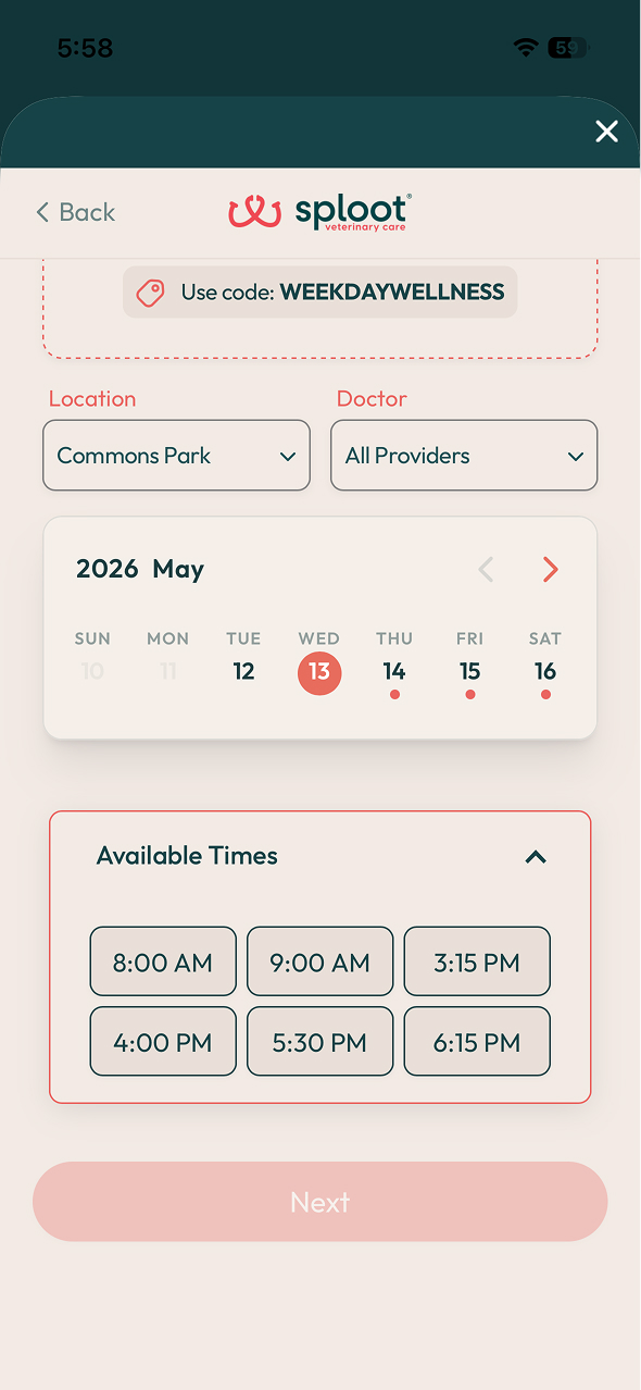 Sploot app booking flow: location, doctor, date, available times