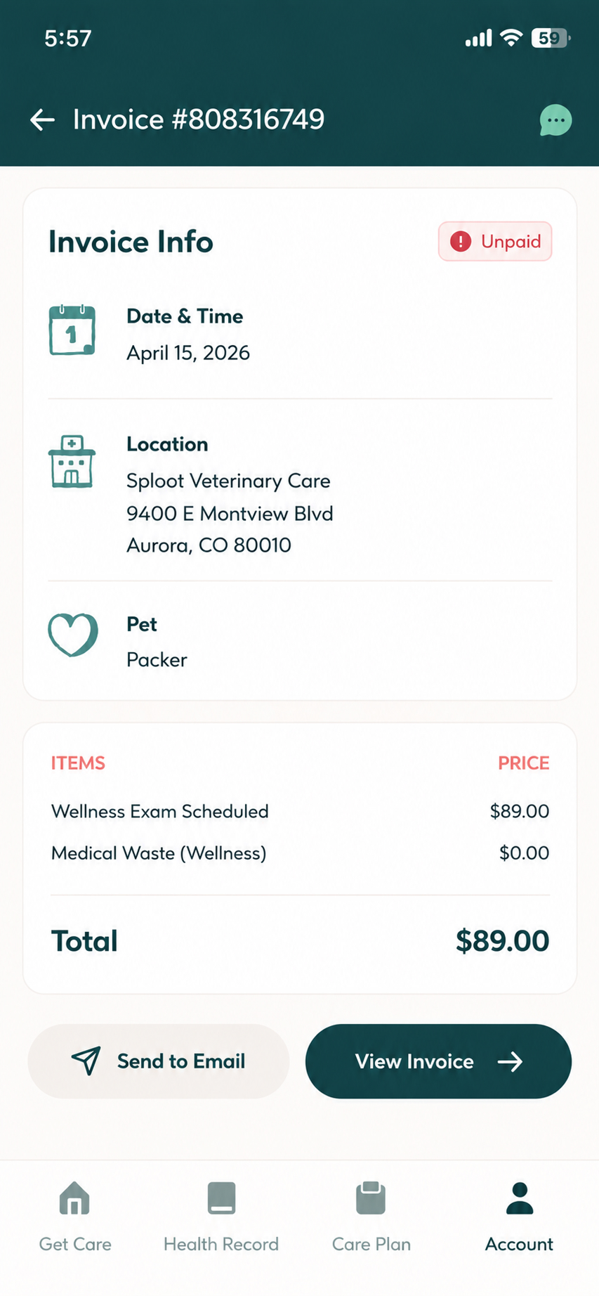 Sploot app invoice screen showing unpaid wellness exam