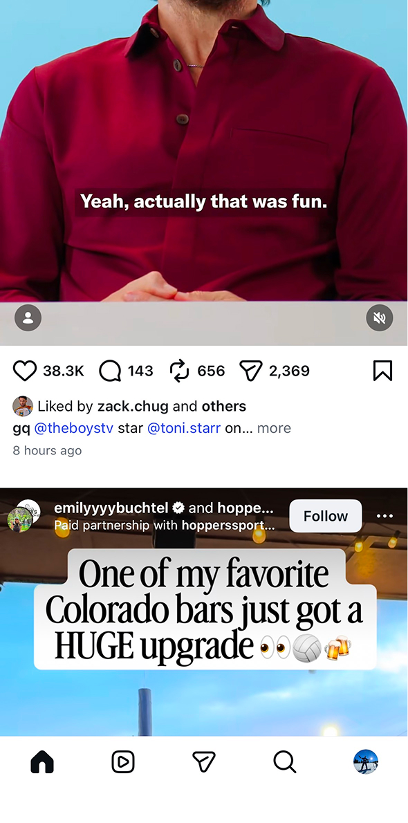 Phone showing a typical social feed